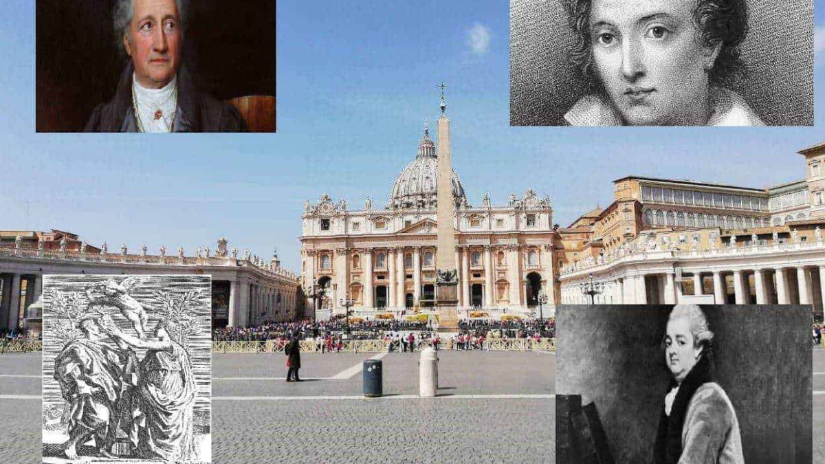 Ritratto di personaggi storici famosi, sfondo con Piazza San Pietro a Roma, elementi di arte e storia classica, fotografie in bianco e nero e dipinti di figure storiche importanti.