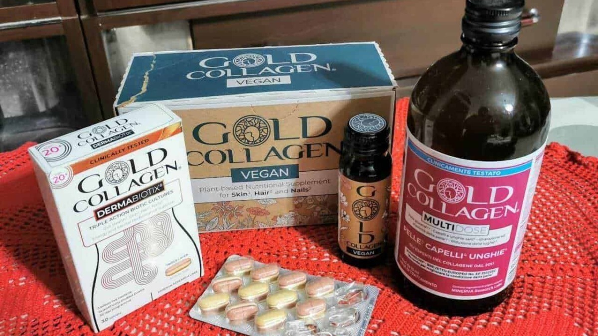 Integratore di collagene vegano Gold Collagen, prodotti per la cura della pelle, capelli e unghie, con vitamine e ingredienti naturali, ideale per un benessere completo.