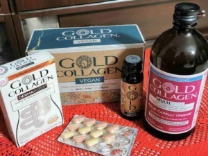 Integratore di collagene vegano Gold Collagen, prodotti per la cura della pelle, capelli e unghie, con vitamine e ingredienti naturali, ideale per un benessere completo.