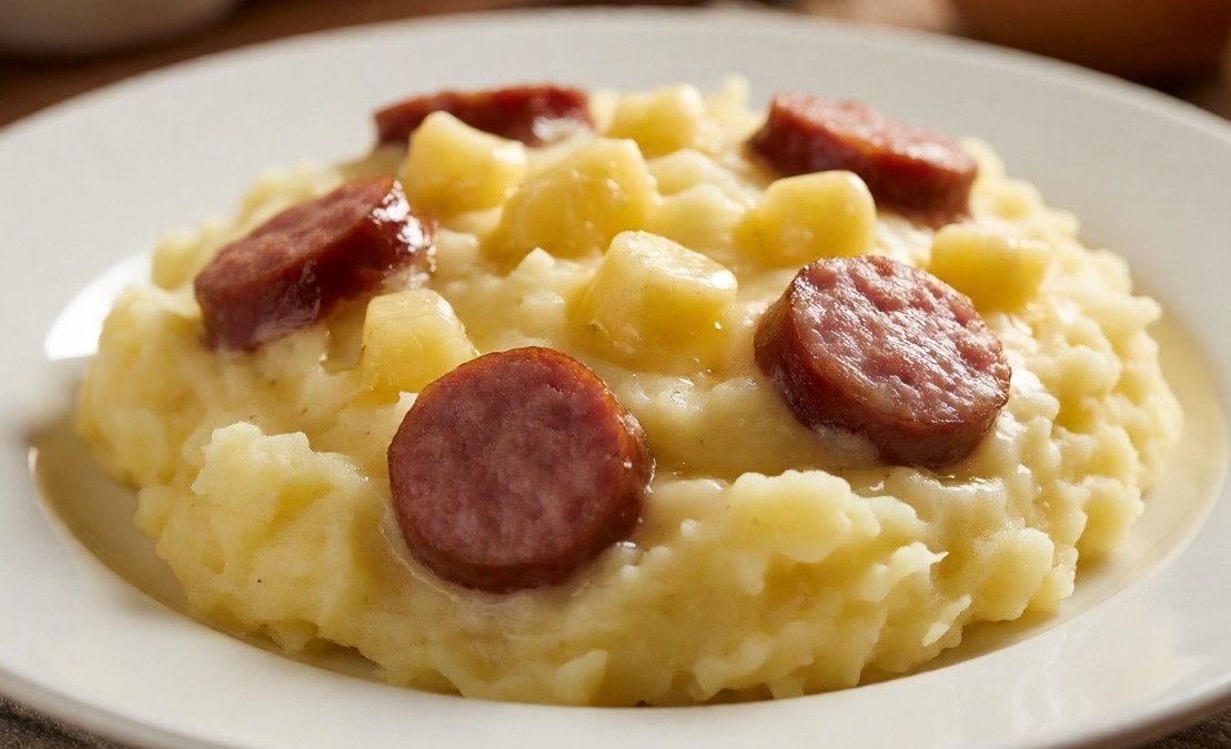 Patate schiacciate con burro e salsiccia in un piatto bianco, piatto tradizionale italiano.