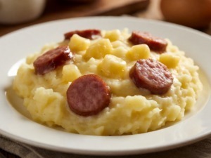 Patate schiacciate con burro e salsiccia in un piatto bianco, piatto tradizionale italiano.