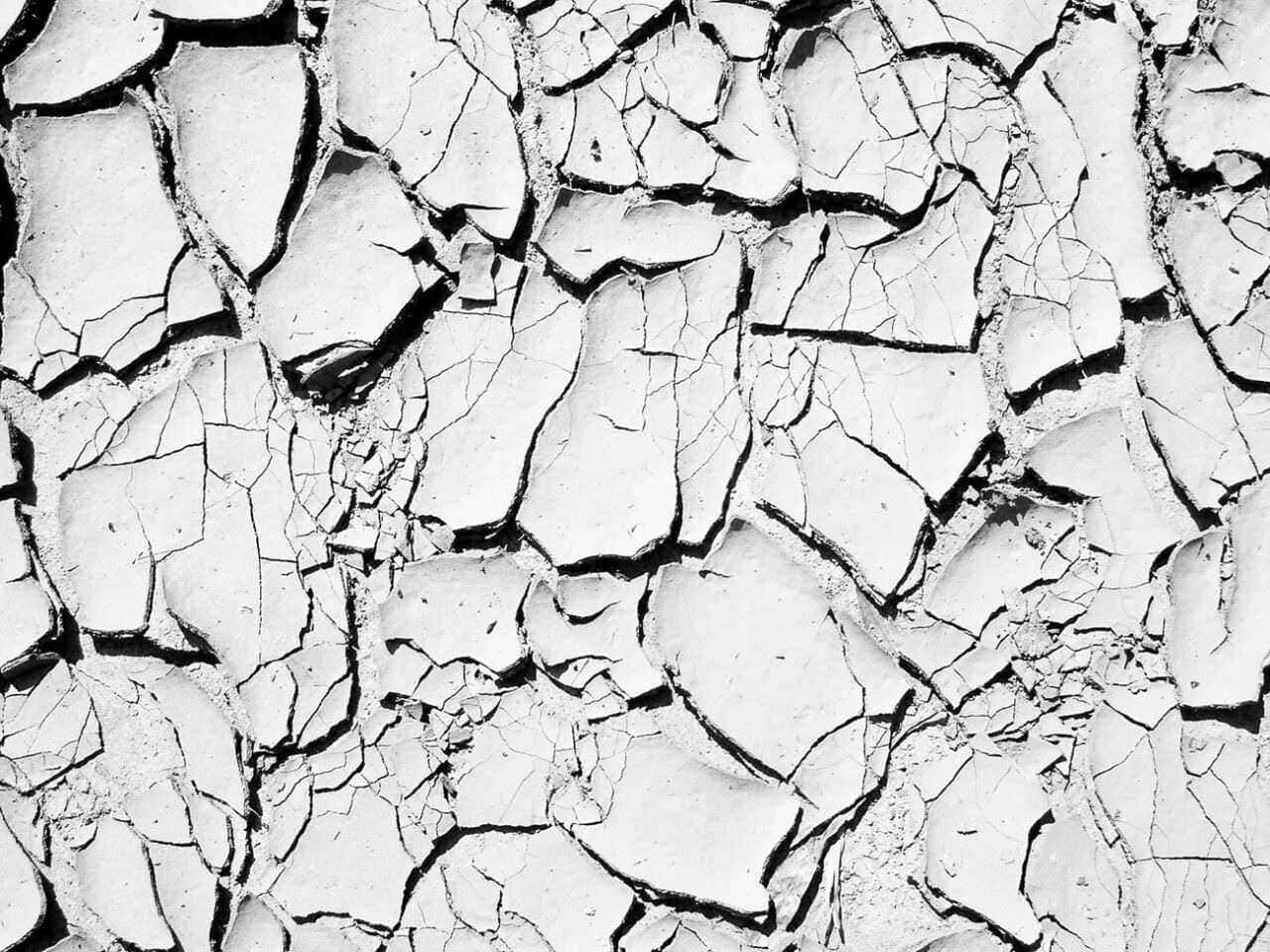 Fragile superficie di crosta di terra screpolata, roccia bianca e nera con crepe profonde e fessure larghe, formato da frammenti irregolari. Ideale per illustrare geologia, natura o deterioramento.