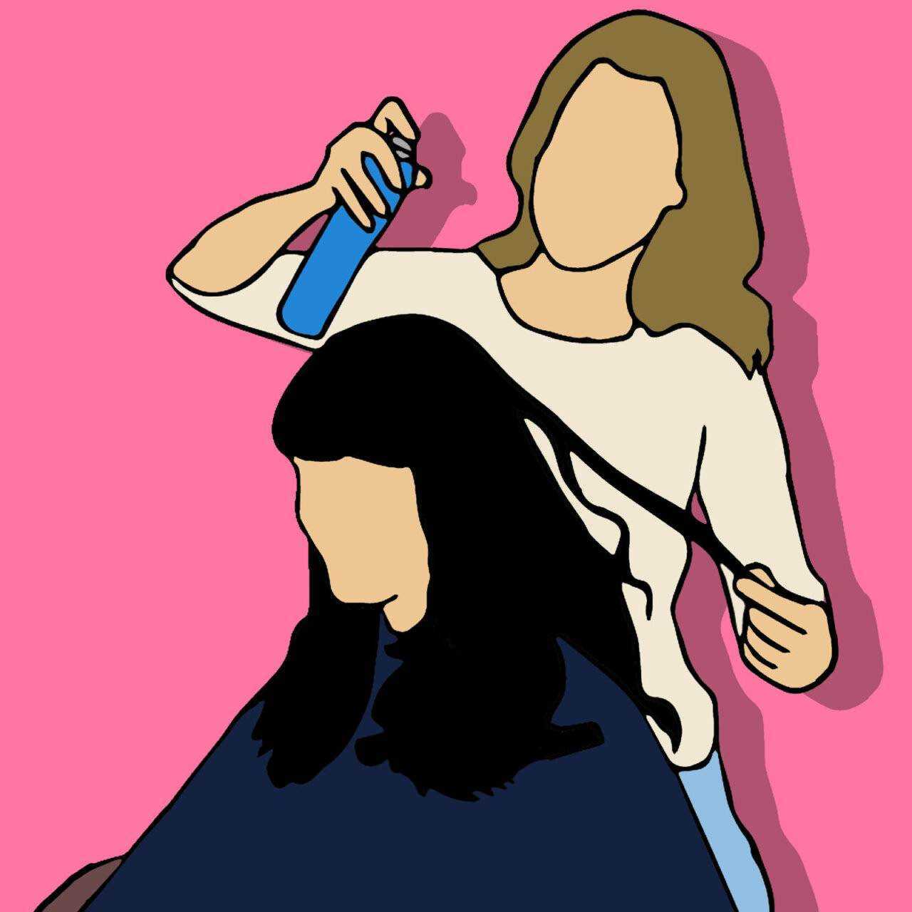 Spray per capelli, erosione o texture, sulla testa di una donna con capelli neri, illustrazione moderna, stile iconico, background rosa luminosa, idea di cura dei capelli, bellezza e stile.