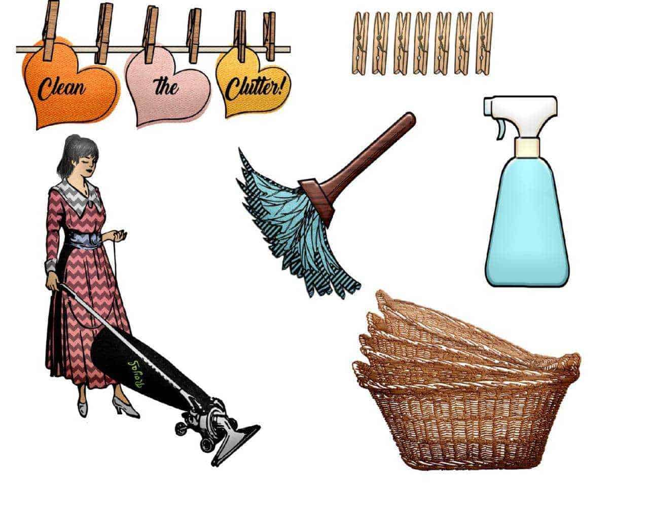 Pulizia e riordino casa: scopetti, spray disinfettante, mollette, cesta porta oggetti, donna che aspira, pulizia e cura dell'ambiente, organizzazione domestica, consigli per la casa.