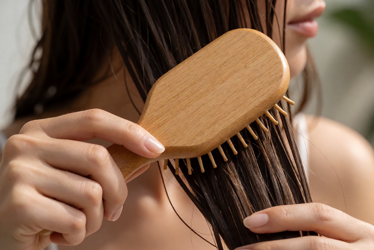 Spazzola per capelli e donna che si asciuga i capelli con aria calda, cura dei capelli, routine di bellezza, prodotti per la cura dei capelli, bellezza e stile.