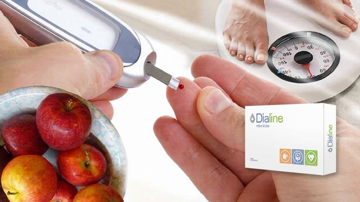 Controllo della glicemia con glucometro e cibi sani come mele fresche per la gestione del diabete.