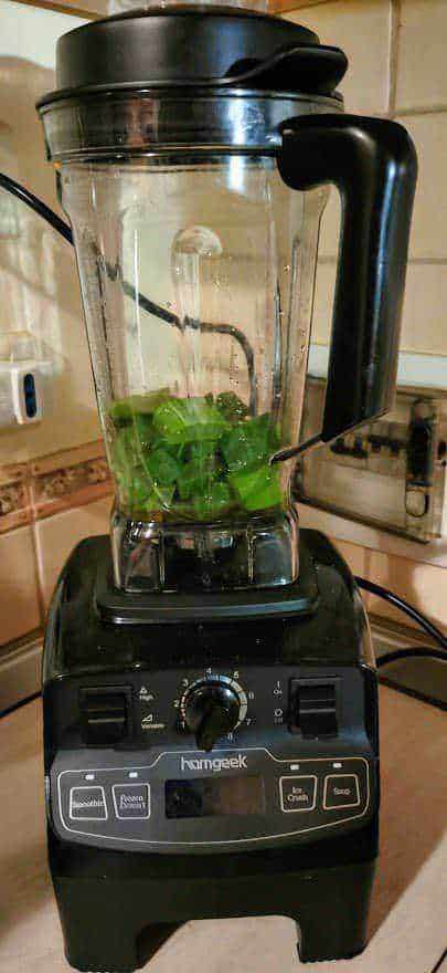 Le ricette fai da te con aloe vera per gel e succo 5 Lattina del frullatore con foglie di basilico fresche, preparata per una gustosa ricetta di pesto o smoothies salutari.