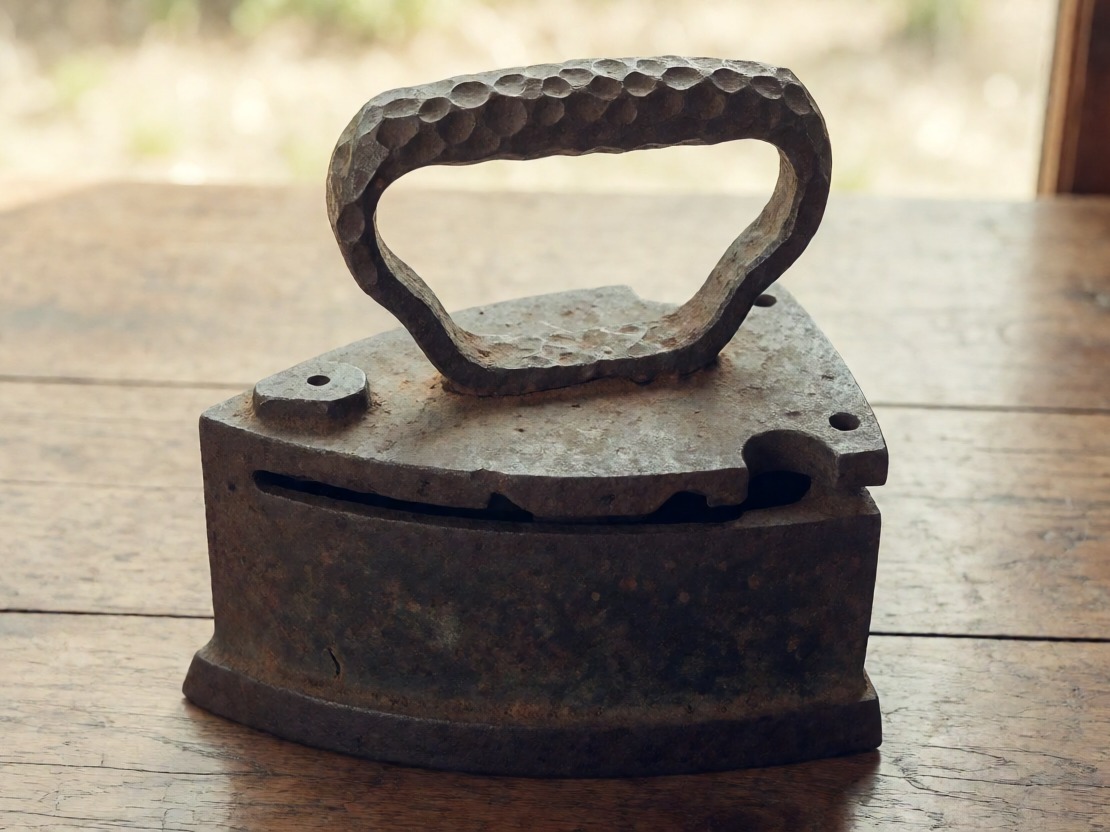 Antico ferro da stiro con piastra in ghisa e manici in ferro battuto, oggetto vintage per la casa.