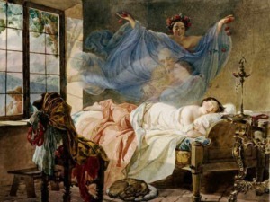 Ragazza addormentata in una stanza con dipinto di un angelo sopra, luce naturale che entra dalla finestra, dettagli di arredamento vintage, atmosfera tranquilla e sognante.