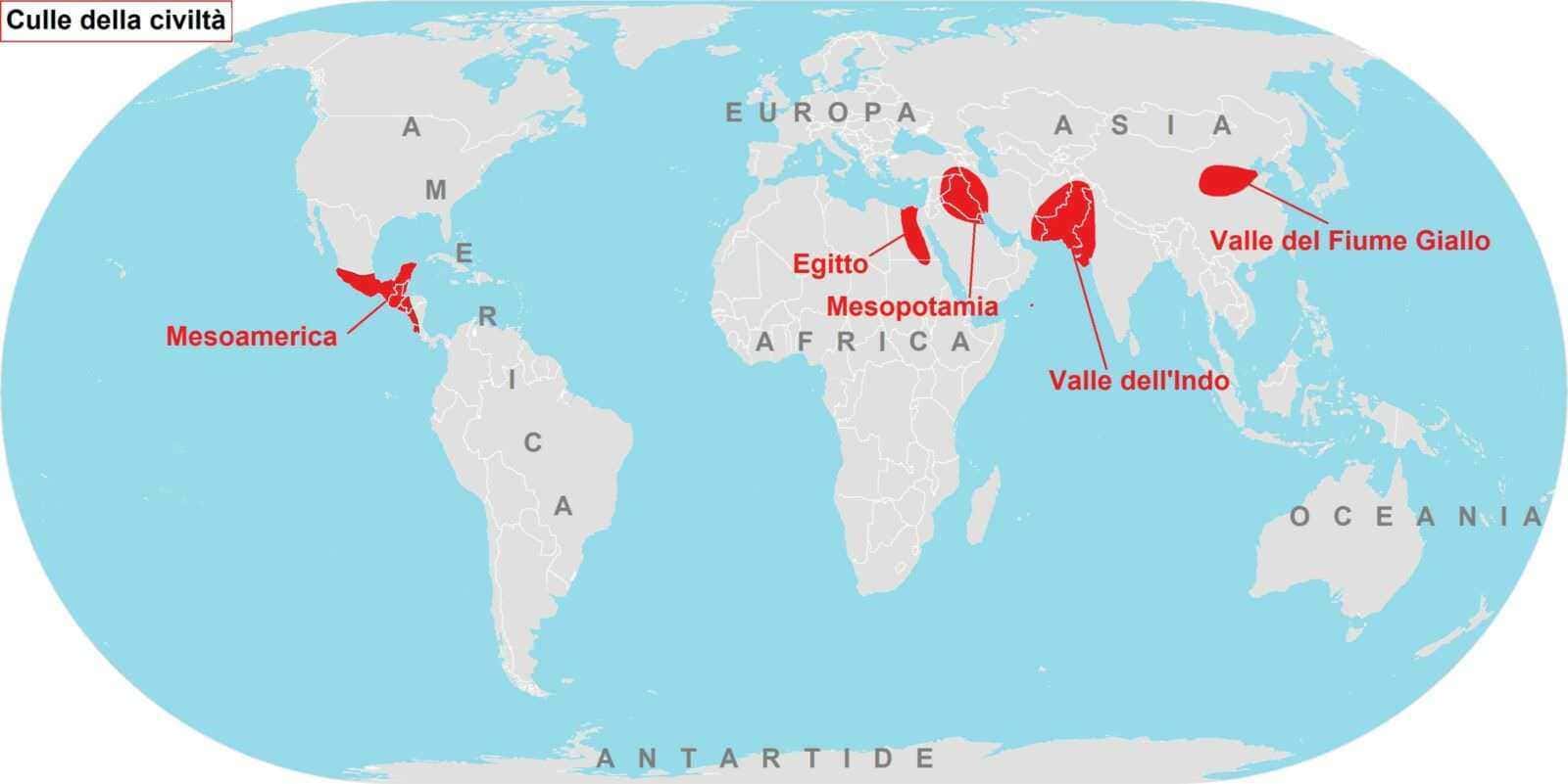 Mappa delle principali civiltà antiche: Mesopotamia, Egitto, Mesoamerica, Valle del Fiume Giallo, Valle dell'Indo, con aree storiche evidenziate per approfondimenti culturali e storici.