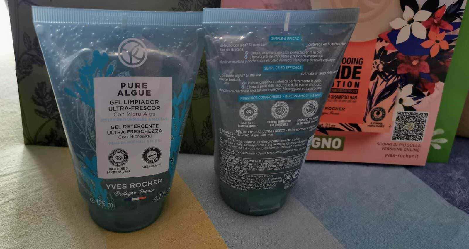 Algue purissima Yves Rocher, gel detergente ultra-fresco con microalga, per una pulizia delicata e senza solfati, ideale per la cura della pelle. Packaging attento all'ambiente e ingredienti naturali.