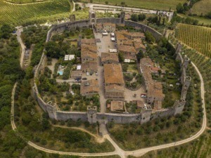 Antica fortezza medievale circondata da mura in pietra, situata tra vigneti e colline verdi in Italia, con case e cortili all’interno delle mura.