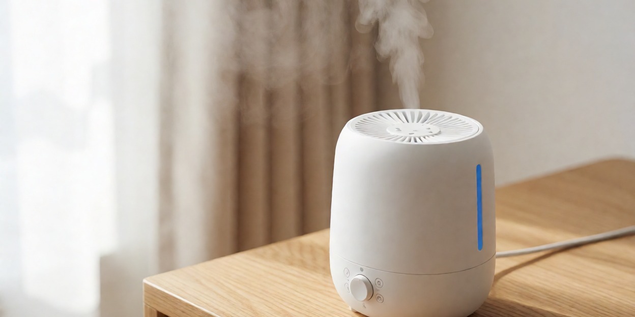 Nebbia vapor d'acqua di un umidificatore portatile in funzione, con vapori che si sollevano nell'aria, ideale per umidificare ambienti interni e migliorare la qualità dell'aria.