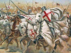 Fronte della battaglia dei crociati medievali con cavalieri armati in scontro, dettagli realistici e colori vivaci, scena storica degli anni delle crociate.
