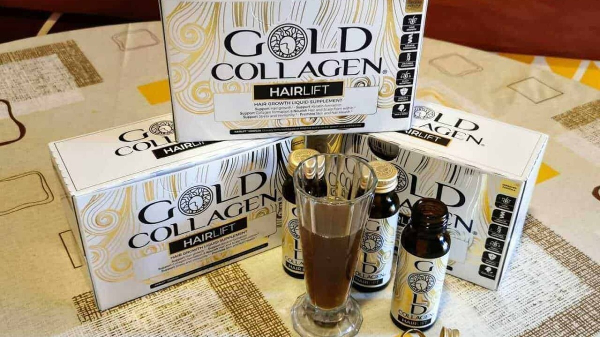 GOLD COLLAGEN HAIRLIFT integratore liquido per la crescita dei capelli in confezioni, con bicchiere e flaconi, promuove la salute dei capelli e il benessere del cuoio capelluto.