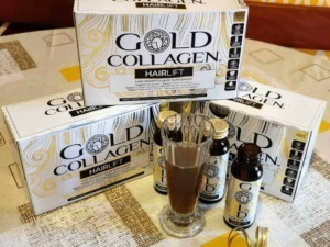 GOLD COLLAGEN HAIRLIFT integratore liquido per la crescita dei capelli in confezioni, con bicchiere e flaconi, promuove la salute dei capelli e il benessere del cuoio capelluto.