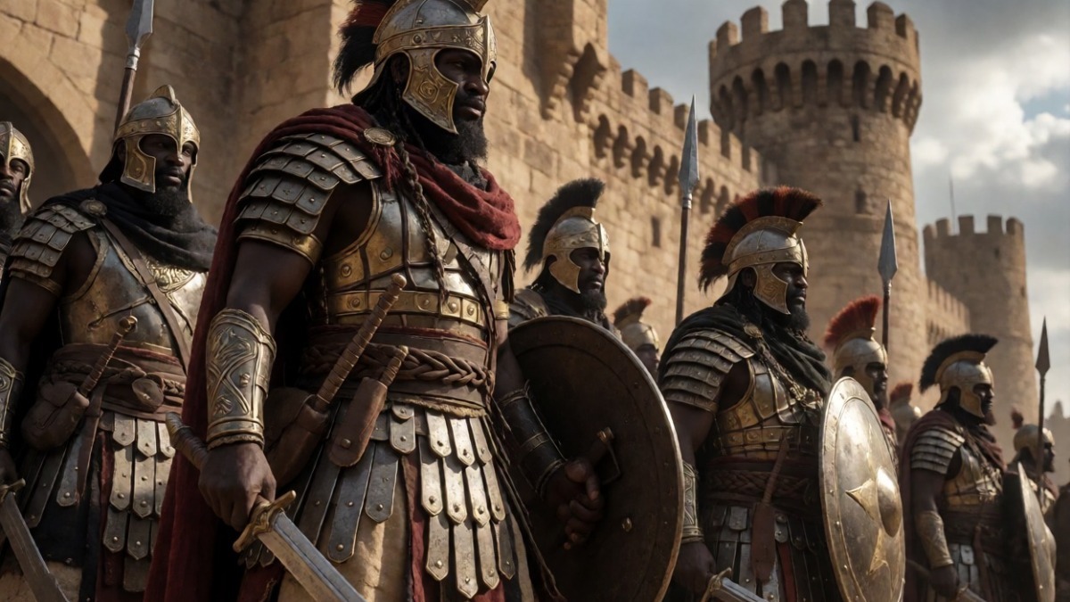 Combattenti africani antichi davanti a una fortezza in stile medievale, scena storica di guerra e difesa del villaggio. artwork realistico che rappresenta battaglie storiche africane.