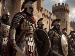 Combattenti africani antichi davanti a una fortezza in stile medievale, scena storica di guerra e difesa del villaggio. artwork realistico che rappresenta battaglie storiche africane.