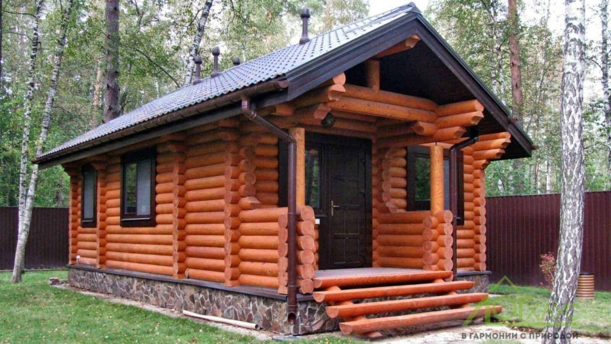 Log cabin in legno immersa nel verde, perfetta come casa rustica o baita in campeggio, costruita con tronchi di alta qualità, con salita a gradini e finiture tradizionali.