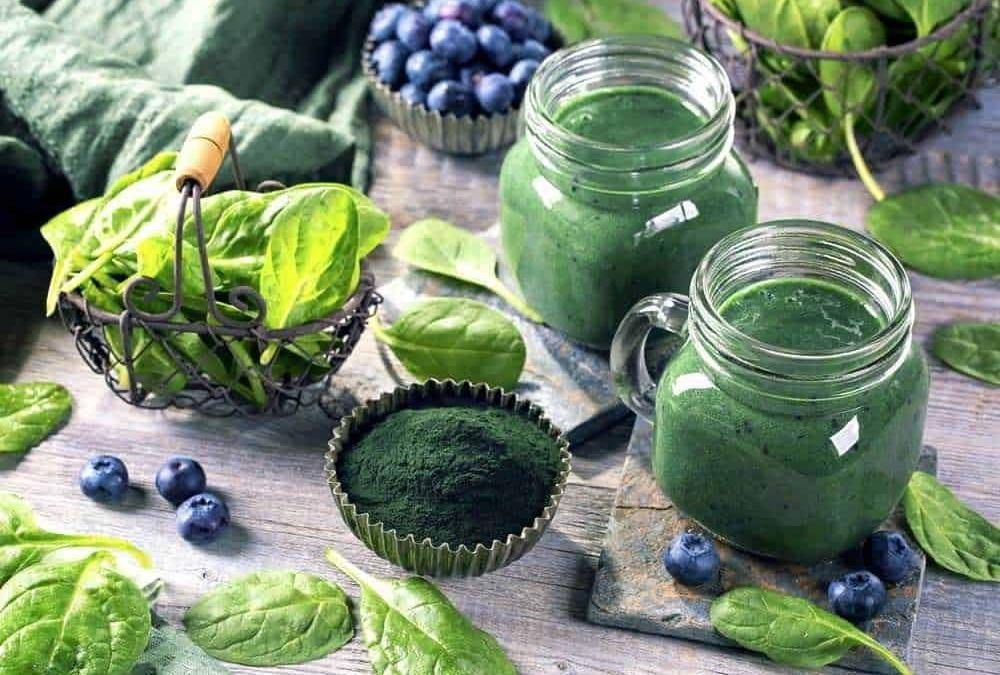 Succo di spirulina verde in barattoli di vetro con foglie di spinaci e bacche di mirtillo, ambiente naturale.