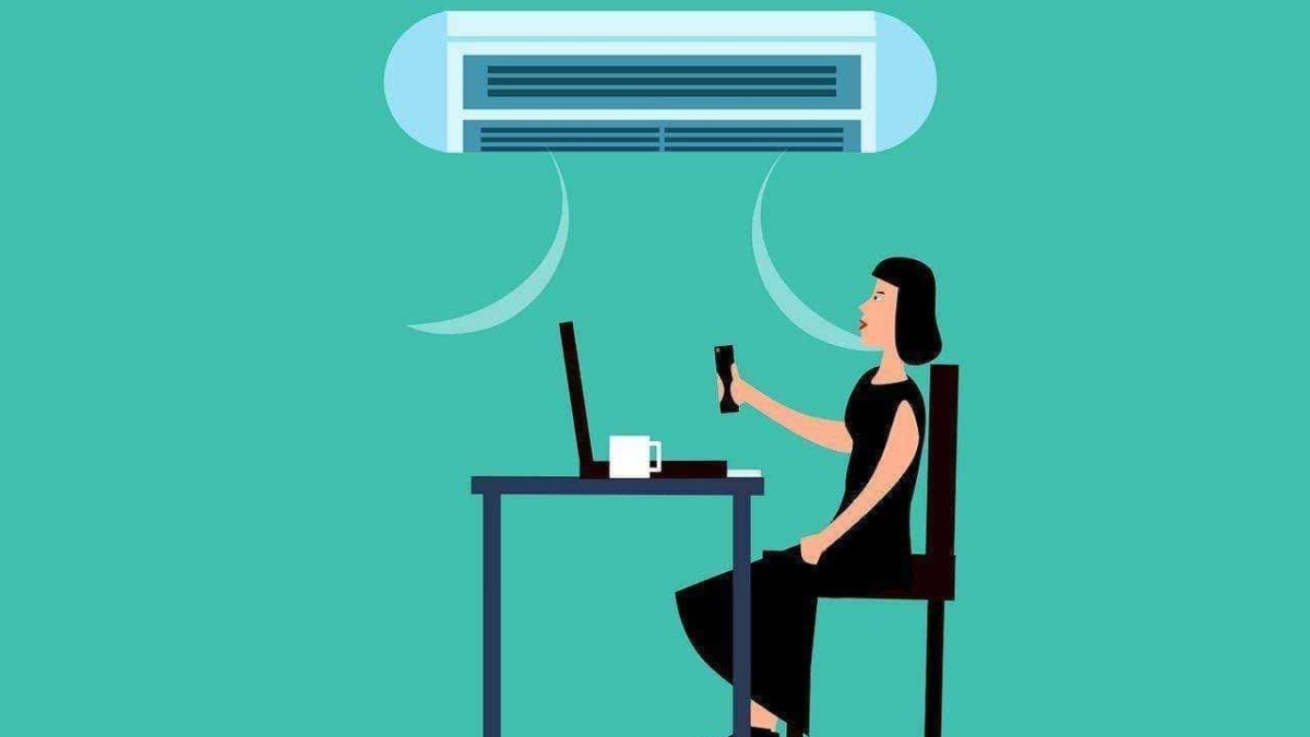 Air conditioner che funziona con dispositivo mobile, tecnologia smart home, raffreddamento intelligente, controllo remoto, comfort domestico.