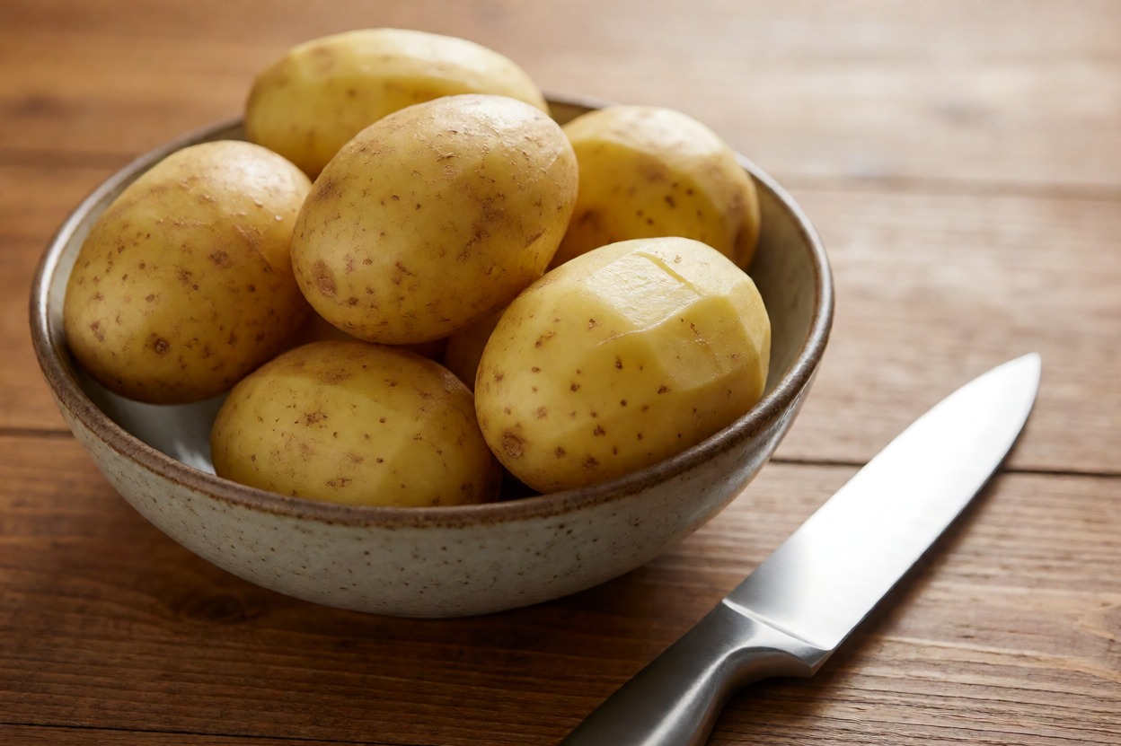 Patate pelate e pronte da cucinare in una ciotola di ceramica, con coltello su tavolo in legno, pronta per essere utilizzate in ricette di cucina tradizionale.