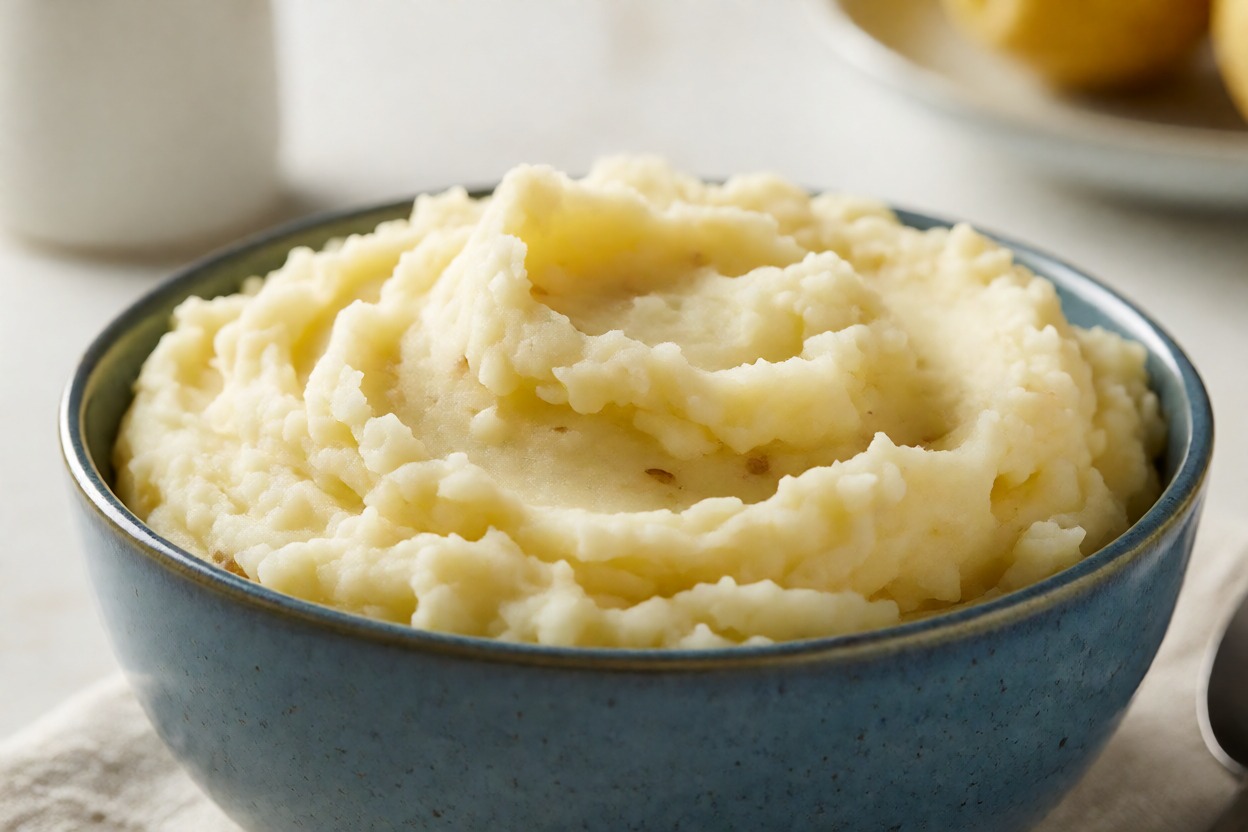 Purè di patate cremoso servito in una ciotola blu, ideale come contorno o comfort food. Ricetta semplice e gustosa perfetta per ogni occasione.