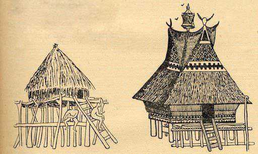 Vecchio disegno di capanna su palafitte con tetto di paglia e struttura in legno, stile artistico etnico e tradizionale.