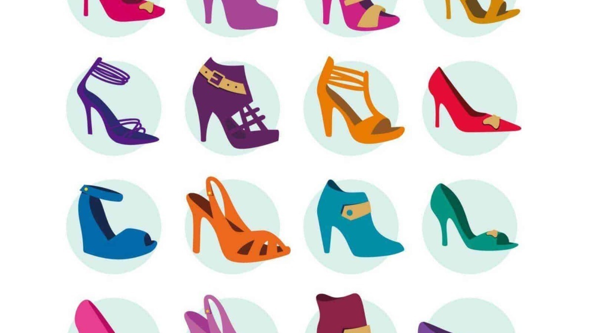 Scarpe donna colorate, iconico disegno di varie décolleté e sandali di diverse forme e colori, perfette per moda e stile femminile. Ideale immagine per blog di calzature e moda femminile.