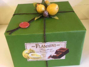 Pompa di cioccolato con decorazioni di frutta e foglie su confezione verde elegante, ideale per dolci artigianali e regali gourmet, perfetta per creare dessert raffinati e invitanti.