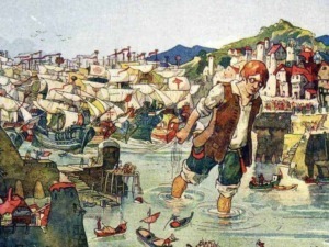 Fantasia di un giovane pescatore tra le navi nel porto, scena pittoresca di un villaggio di mare con case colorate e montagne sullo sfondo, in stile illustrativo.