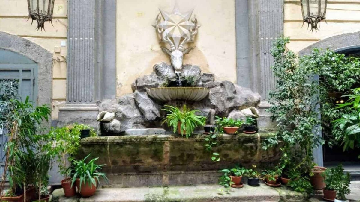 Fontana decorativa con elementi di pietra, dettagli artistici e piante in vaso, in un cortile storico, ideale per foto di design di giardini e architettura urbana.