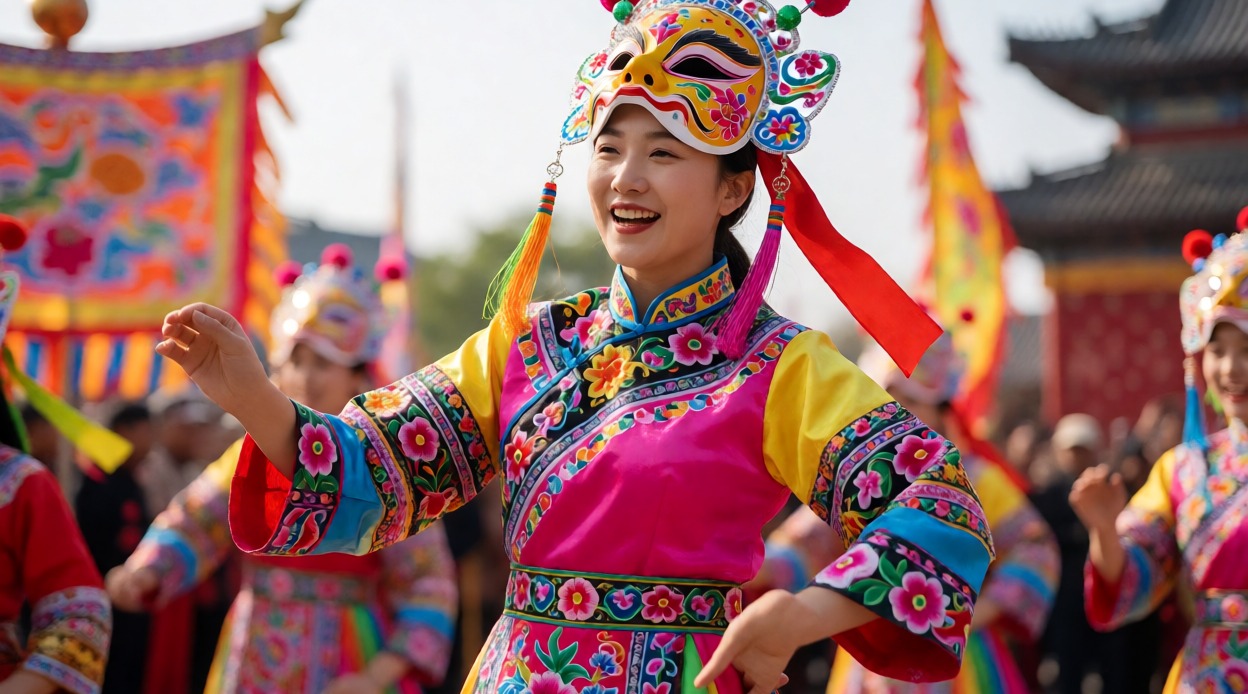 Vedi immagini di donne in costumi tradizionali asiatici durante un festival culturale all'aperto.