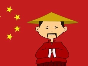 Cinese con abbigliamento tradizionale e cappello di paglia, sfondo con bandiera cinese con stelle gialle, stile cartoon, rappresenta cultura e tradizioni cinesi, Appunti Sul Blog.