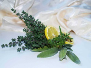 Profumi aromatici con rosmarino, salvia e limone, piante officinali e agrumi per la cucina e la salute, ideali per decorazioni e rimedi naturali, su uno sfondo bianco elegante.