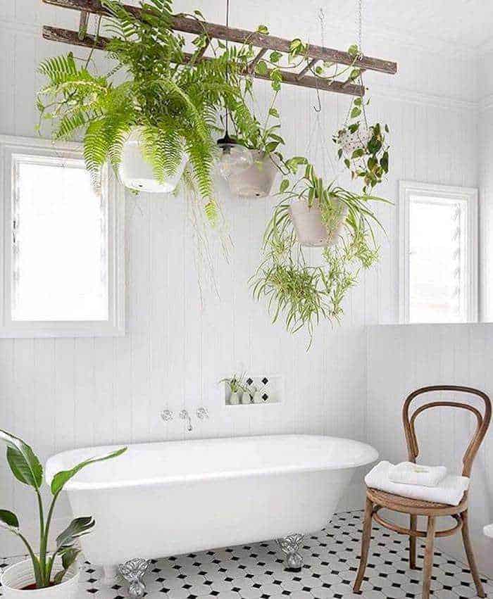 Fioritura di piante verdi in bagno con vasca da bagno vintage, illuminata da candele e luci soffuse, creando un'atmosfera rilassante e naturale. Decorazioni di stile boho chic e ambientazione accogliente.