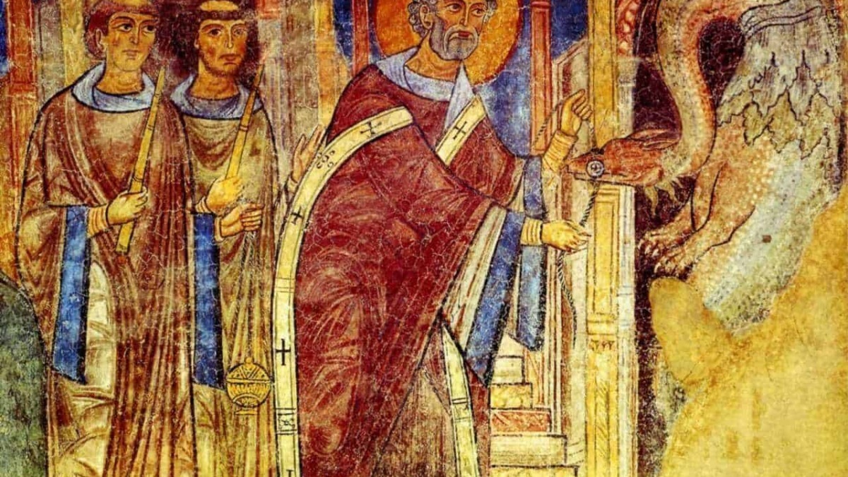 Uomo vestito in rosso con aureola dorata che indica ascesa spirituale, in una scena religiosa medievale con personaggi e dettagli pittorici.