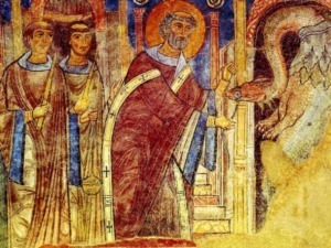 Uomo vestito in rosso con aureola dorata che indica ascesa spirituale, in una scena religiosa medievale con personaggi e dettagli pittorici.