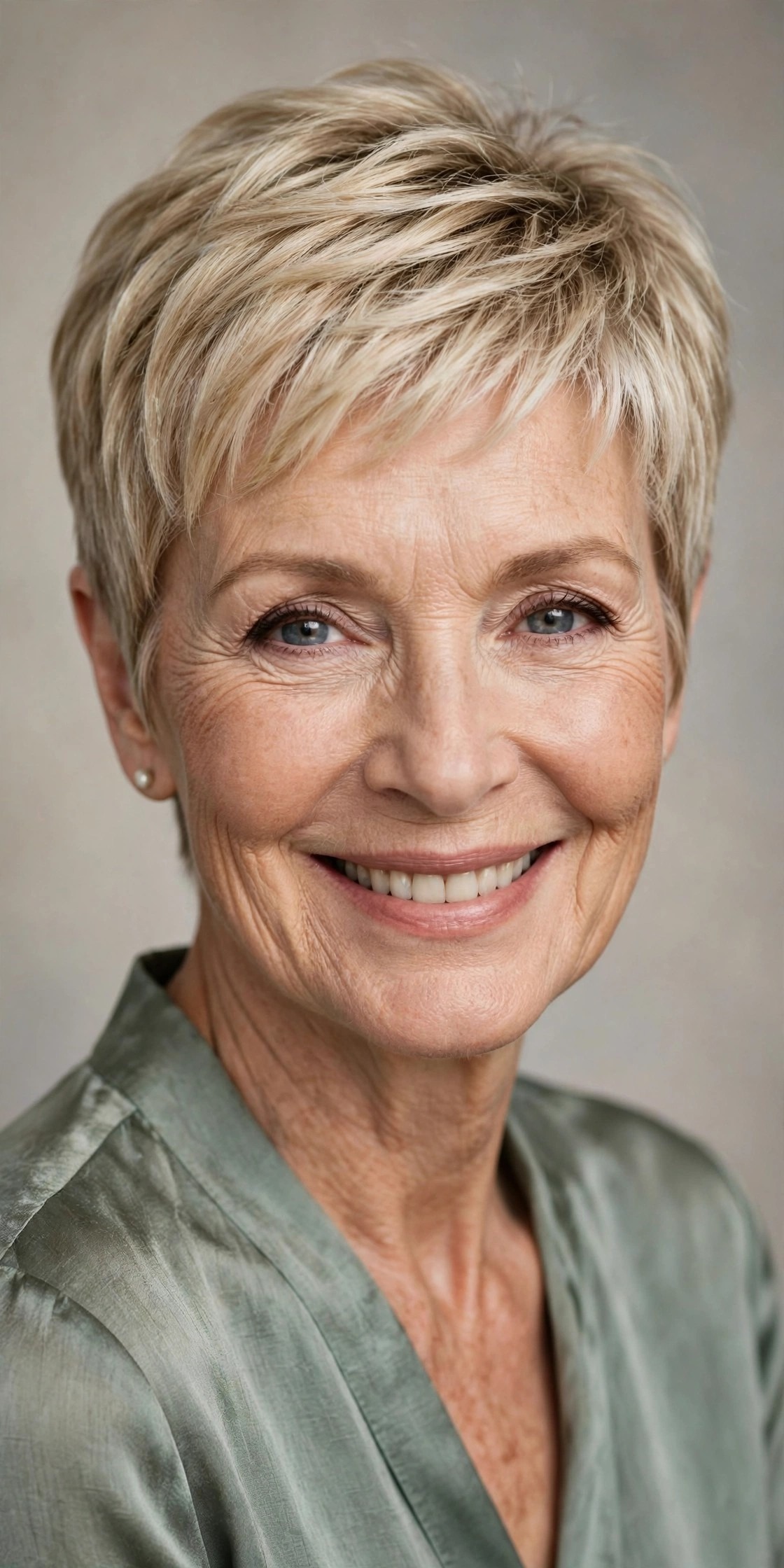 Pixie cut biondo corto donna over 60 che ringiovanisce viso