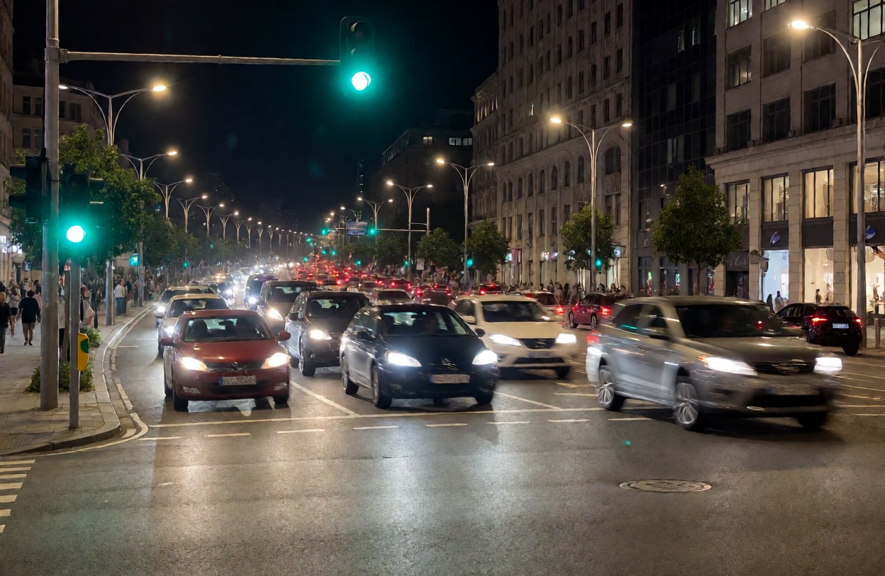 Auto in movimento sotto semaforo verde in strada urbana congestionata, vista in notturna con traffic light e veicoli, immagine di traffico e viabilità in città, immagine di strada cittadina.