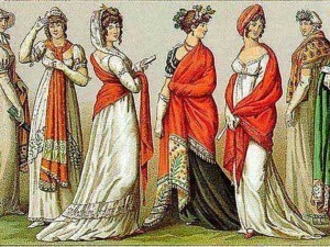 Vestiti storici dell'antica Grecia con donne in abiti tradizionali e acconciature eleganti.