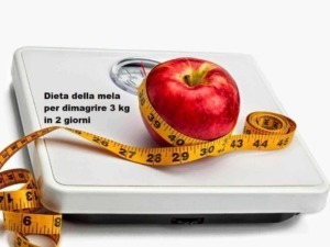 Dieta della mela per dimagrire 3 kg in 2 giorni, con bilancia, mela rossa e metro a nastro giallo ottimizzato SEO.