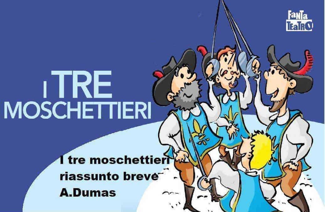 Riassunto breve: Tre moschettieri illustrati in stile cartoon con abiti storici, personaggi allegri e armati di spada, rappresentano un classico della letteratura per bambini.