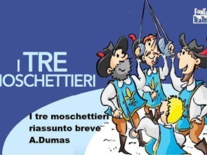 Riassunto breve: Tre moschettieri illustrati in stile cartoon con abiti storici, personaggi allegri e armati di spada, rappresentano un classico della letteratura per bambini.