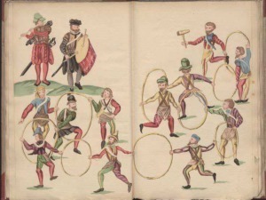 Eleganti personaggi in costumi tradizionali danzano e si esibiscono in un'illustrazione storica con strumenti musicali e cerchi di danza, simbolo di cultura e tradizione italiana.