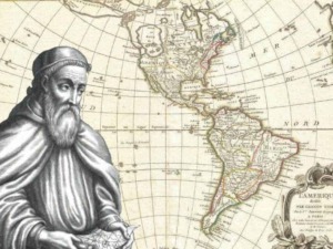 Antico ritratto di Lambert de La Jonquière su carta geografica delle Americhe, in stile vintage, immagine storica, mappa del Nuovo Mondo.