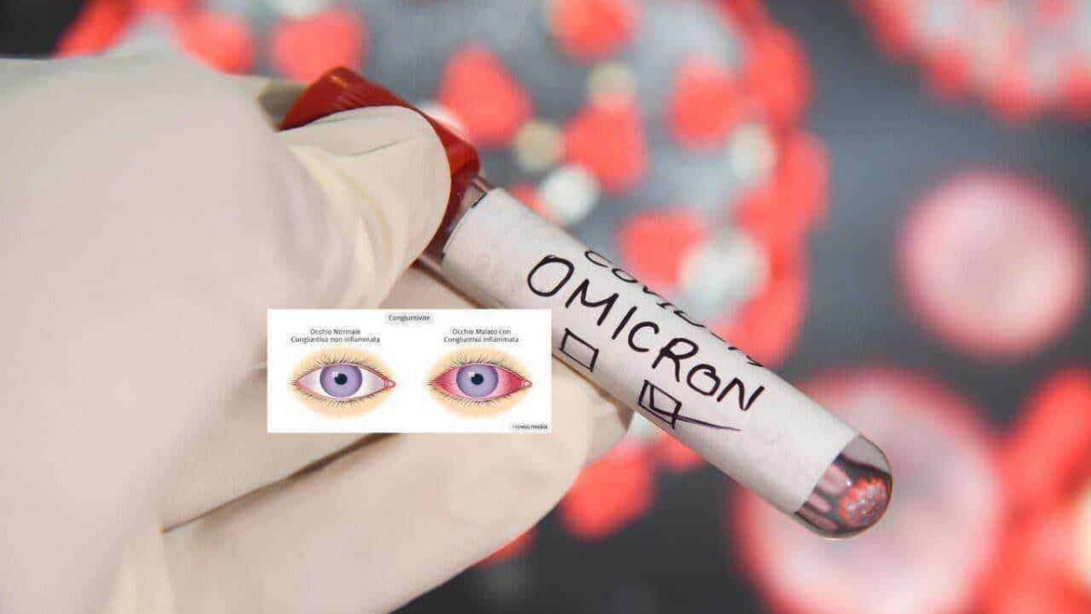 Virus Omicron su certificato biologico con grafico, evidenziazione di sintomi oculari, focus sulla variante del COVID-19, immagine medica di laboratorio.