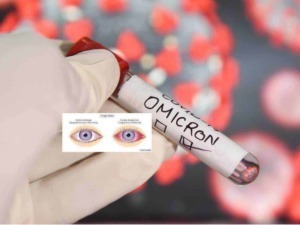 Virus Omicron su certificato biologico con grafico, evidenziazione di sintomi oculari, focus sulla variante del COVID-19, immagine medica di laboratorio.