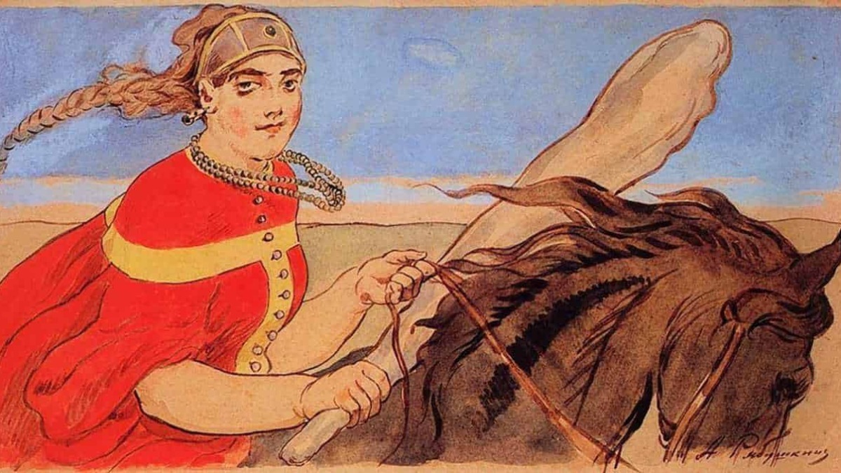Cavaliere femminile in abbigliamento medievale con cappello e collane, seduta su un cavallo al galoppo in un paesaggio aperto, stile artistico illustrativo.