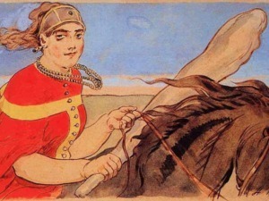 Cavaliere femminile in abbigliamento medievale con cappello e collane, seduta su un cavallo al galoppo in un paesaggio aperto, stile artistico illustrativo.